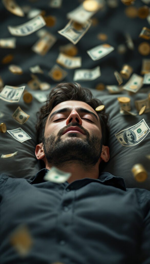 man sleeping money floating photo realistic